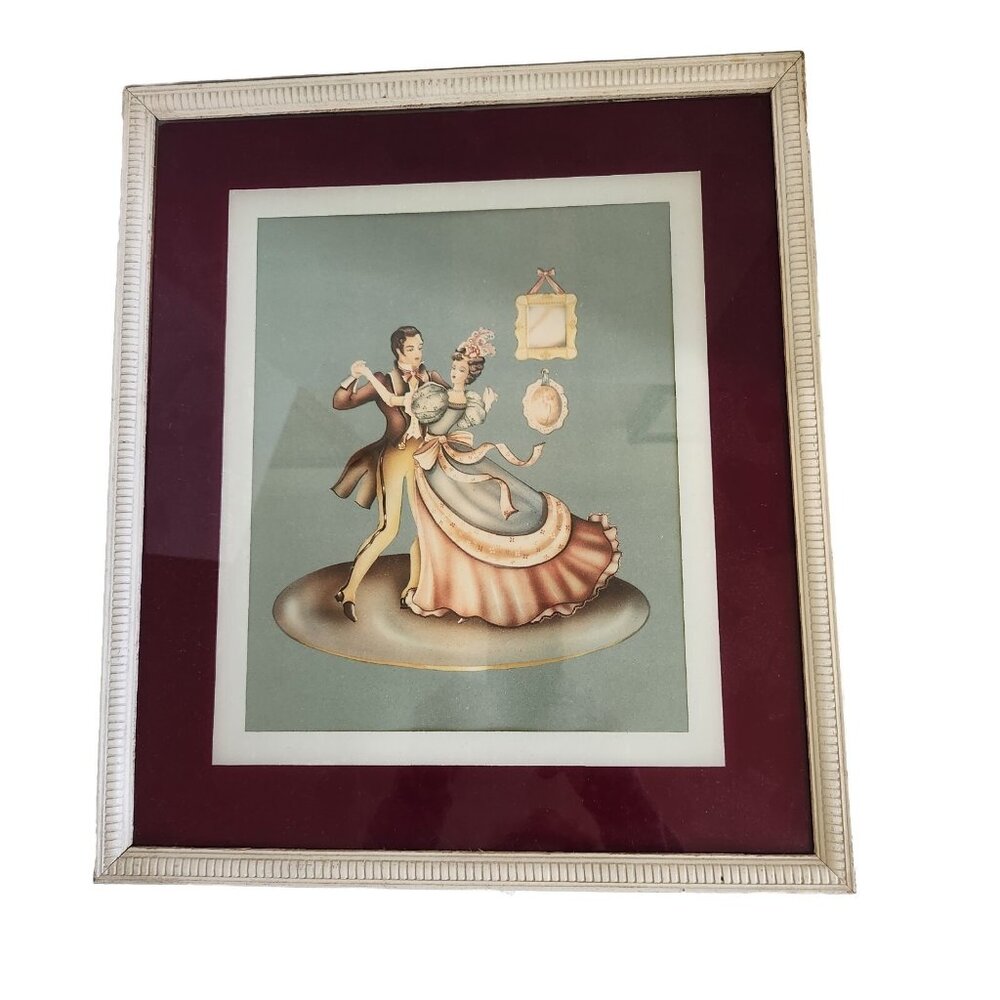 Vintage Framed Art Print Man Woman Dancing 1700's 1800's Period Dress Decor Pink